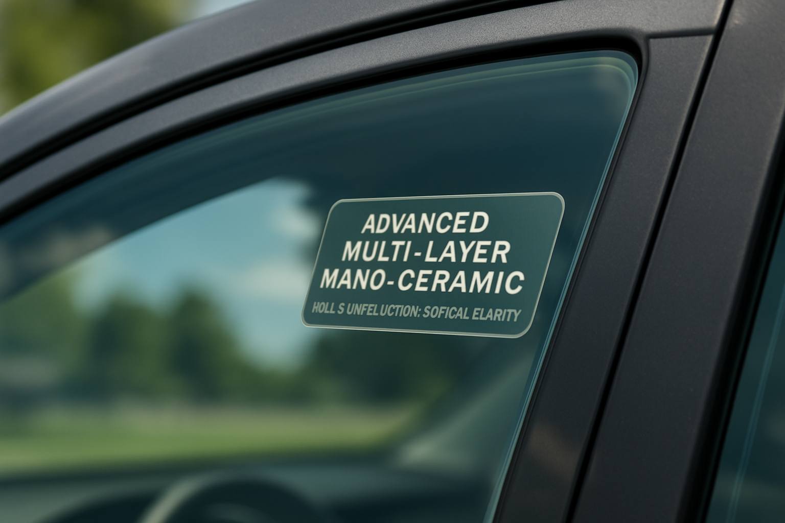 Best Quality Car Tint in Malaysia: Your Ultimate Guide 32 Close-up of a car window showcasing advanced multi-layer nano-ceramic car tint film, demonstrating heat and UV rejection technology and optical clarity.