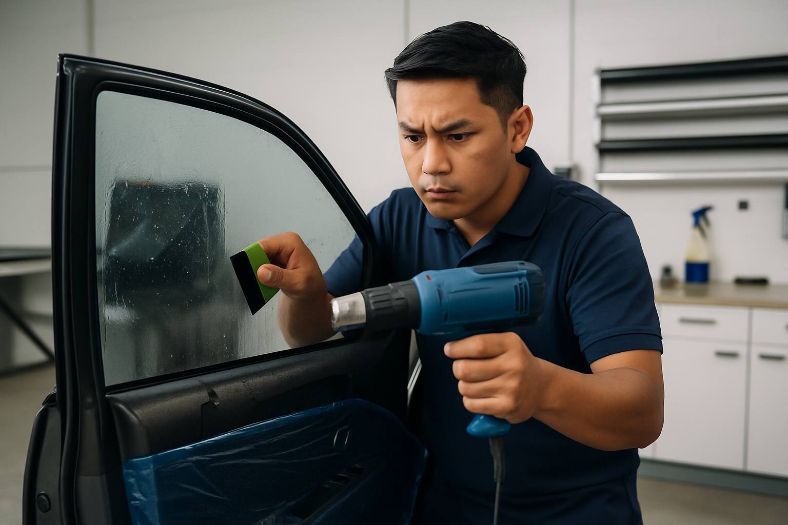 Best Quality Car Tint in Malaysia: Your Ultimate Guide 33 A professional technician installing car tint in a clean, well-equipped indoor workshop using precision tools like heat guns and squeegees for bubble-free application.