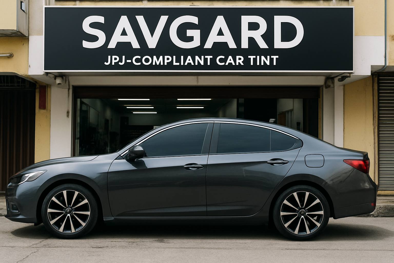 Best Quality Car Tint in Malaysia: Your Ultimate Guide 34 A sleek, stylish car with tinted windows parked in front of the SAVGARD shop in Taman United, Kuala Lumpur, representing trusted, JPJ-compliant car tint services.