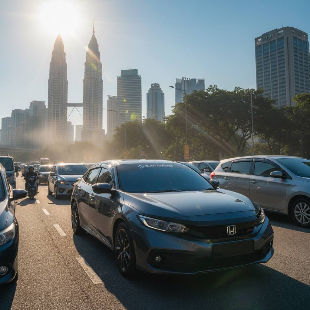 Stay Cool and JPJ-Compliant with Car Tint for Honda Civic 31 A sleek Honda Civic driving through sunny Kuala Lumpur traffic with bright sunlight and visible heat waves, showcasing the challenge of heat and glare.