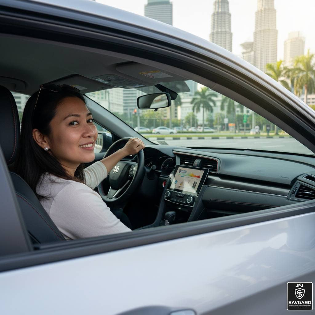 Stay Cool and JPJ-Compliant with Car Tint for Honda Civic 34 Happy Honda Civic driver relaxing inside a cool, shaded car with tinted windows in urban Kuala Lumpur, emphasizing comfort, privacy, skin protection, and compliance with JPJ regulations.