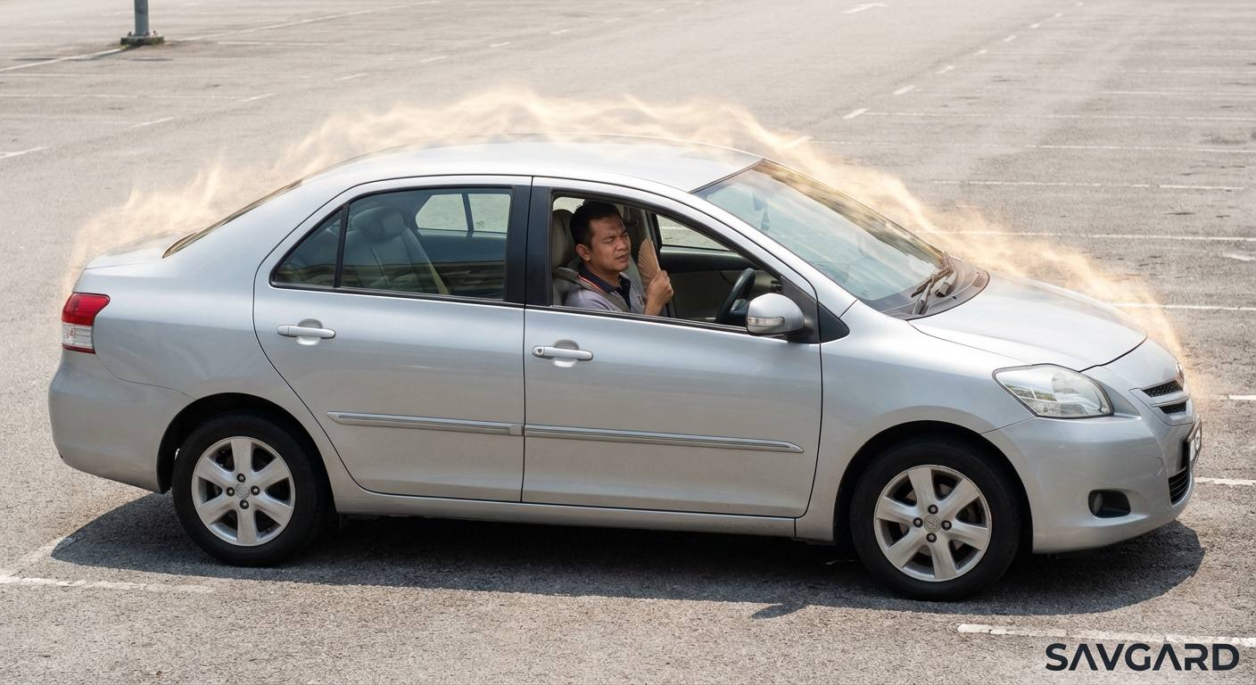Car Tint Price Comparison Malaysia with SAVGARD 31 A car parked under the blazing Malaysian sun with visible heat haze, illustrating the discomfort without tinting.