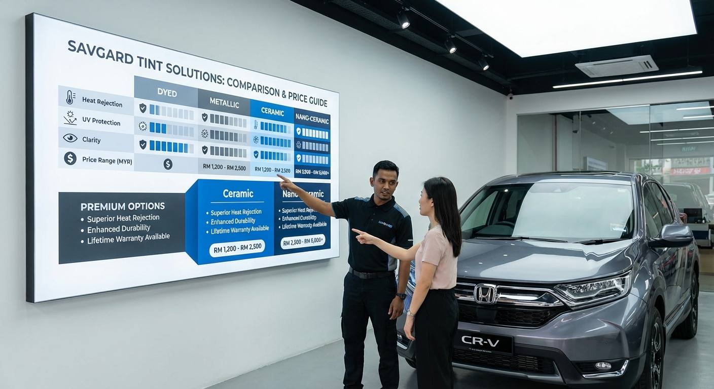 Car Tint Price Comparison Malaysia with SAVGARD 32 A comparison chart or infographic showing different types of car tints and their price ranges, highlighting ceramic and nano-ceramic options.