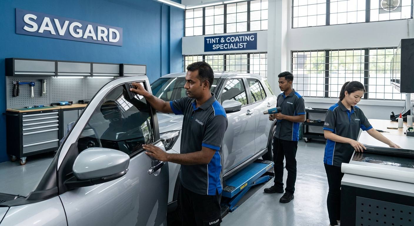 Car Tint Price Comparison Malaysia with SAVGARD 34 SAVGARD professional workshop in Taman United with technicians installing car tint, emphasizing expertise and quality service.