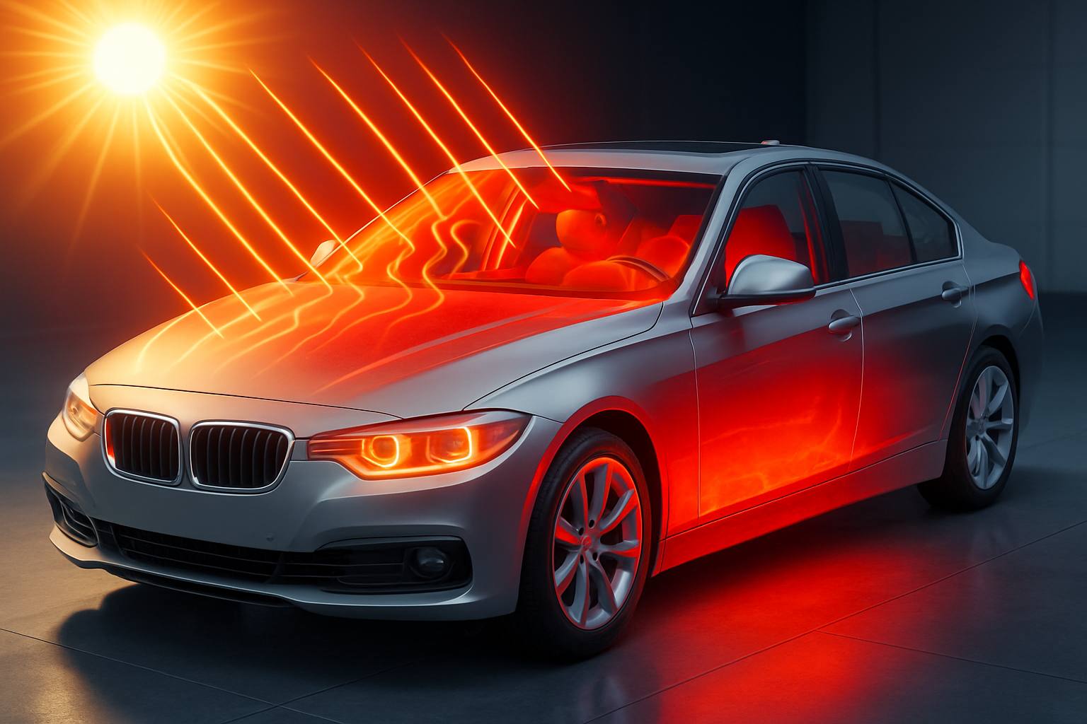 Car Tint Price Malaysia: Your Ultimate Guide 31 A car parked under the blazing Malaysian sun with interior glowing hot, showing visible sun rays and heat effects inside the car.