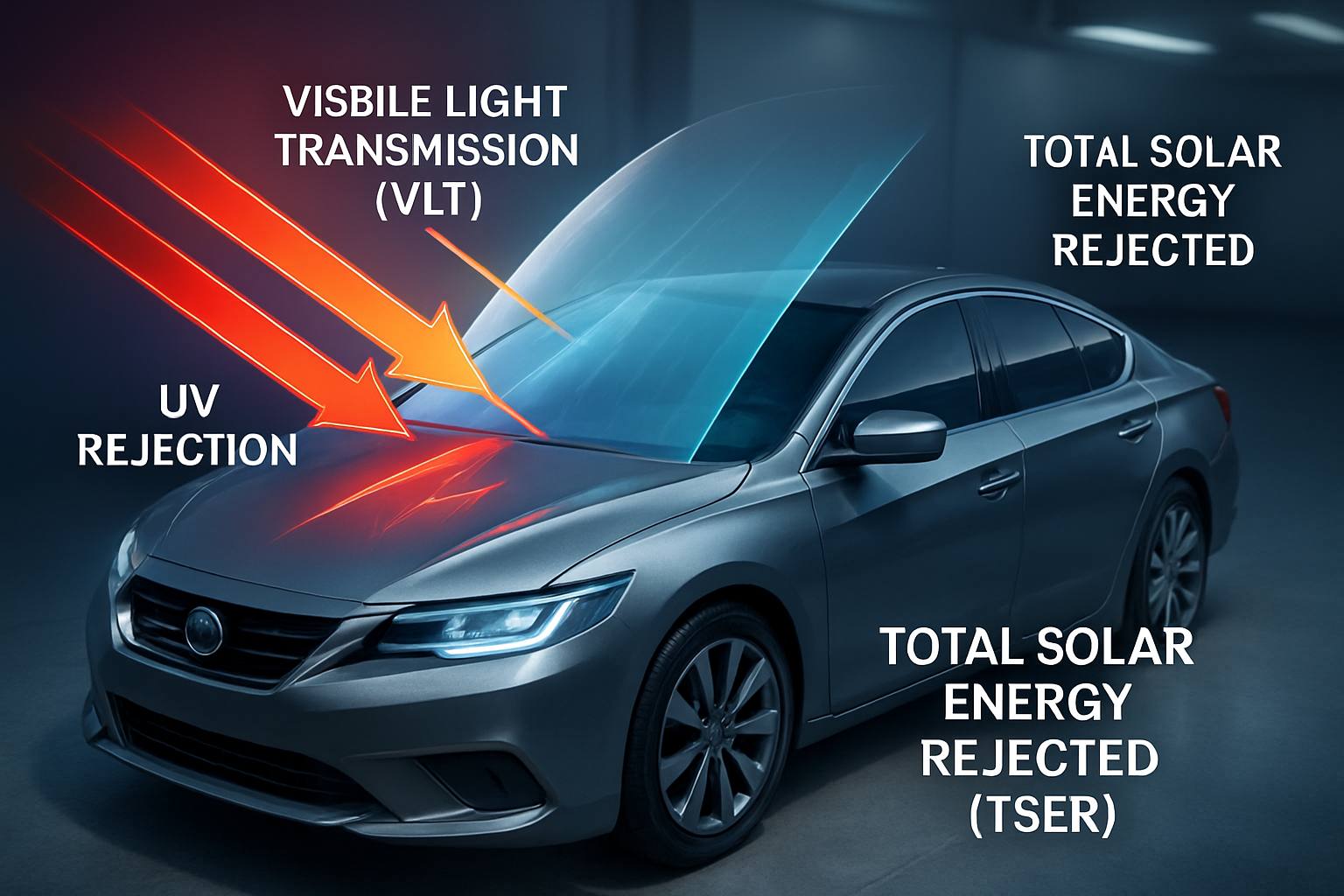 Car Tint Price Malaysia: Your Ultimate Guide 32 An infographic or diagram illustrating car tint technology with labels for Visible Light Transmission (VLT), Infrared Rejection Rate (IRR), UV Rejection, and Total Solar Energy Rejected (TSER).