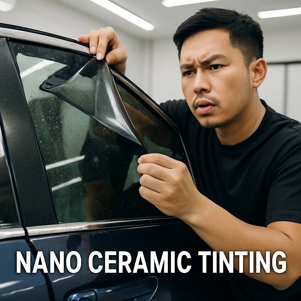 Car Tinting for Honda City with SAVGARD Malaysia 32 Close-up of a car window being professionally tinted with high-quality film by a technician in a modern workshop, emphasizing the nano ceramic tinting process