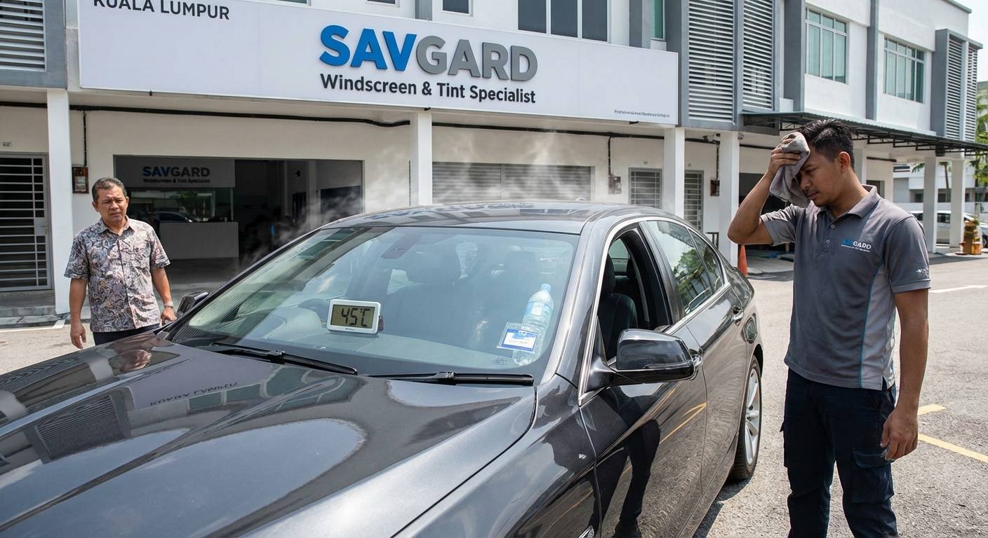 Car Window Tint for BMW in Malaysia: Comfort, Style & Protection 31 BMW parked under the blazing Malaysian sun with visible heat waves and an uncomfortably hot interior