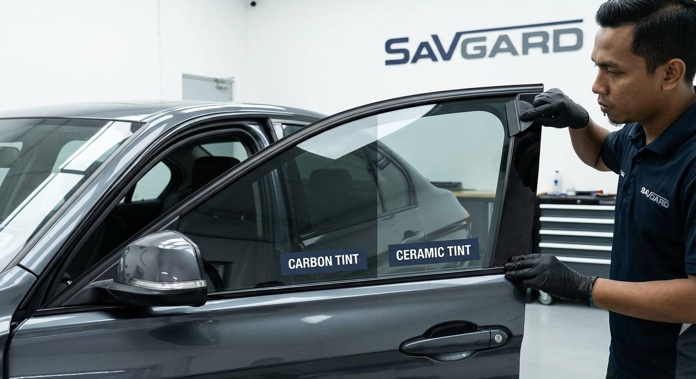 Car Window Tint for BMW in Malaysia: Comfort, Style & Protection 32 Close-up of a BMW window showing different types of window tints being applied or compared, highlighting carbon and ceramic tint types