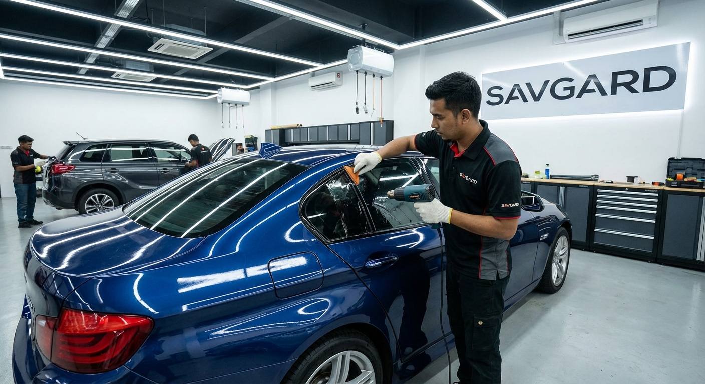 Car Window Tint for BMW in Malaysia: Comfort, Style & Protection 34 Professional technician from SAVGARD applying window tint on a BMW in a clean, climate-controlled workshop