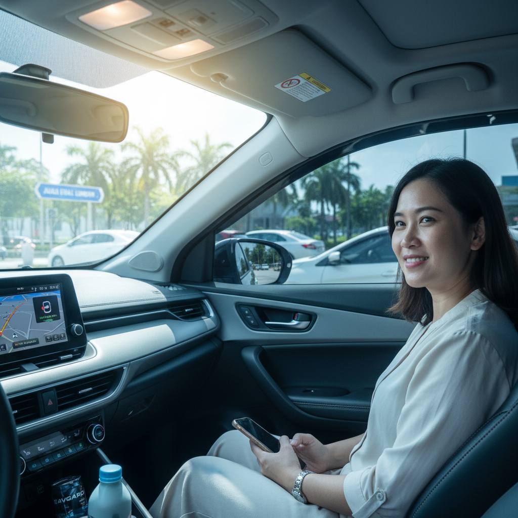 Is Cheap Window Tint Film Worth It for Your Car in Malaysia? 34 A happy car owner enjoying a cool, comfortable interior with visible JPJ-compliant tinted windows, under a hot Malaysian sun.