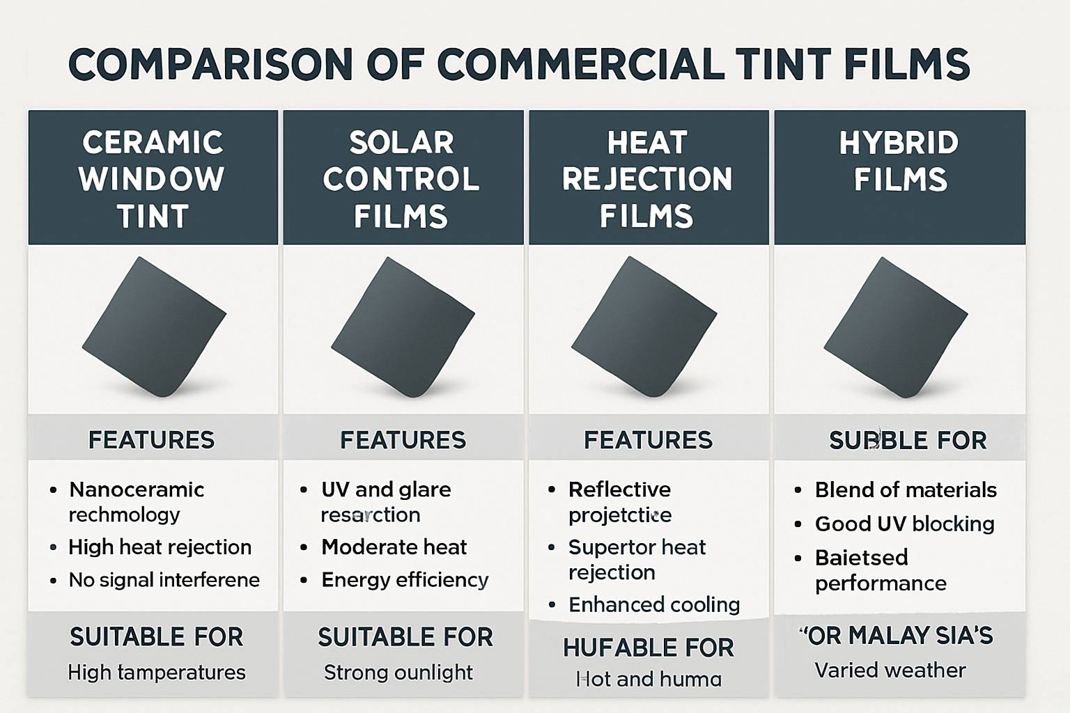 Commercial Tint Film: The Smart Choice in Kuala Lumpur 33 A comparison image displaying different types of commercial tint films (Ceramic Window Tint, Solar Control Films, Heat Rejection Films, Hybrid Films) highlighting their features and suitability for Malaysia's climate.