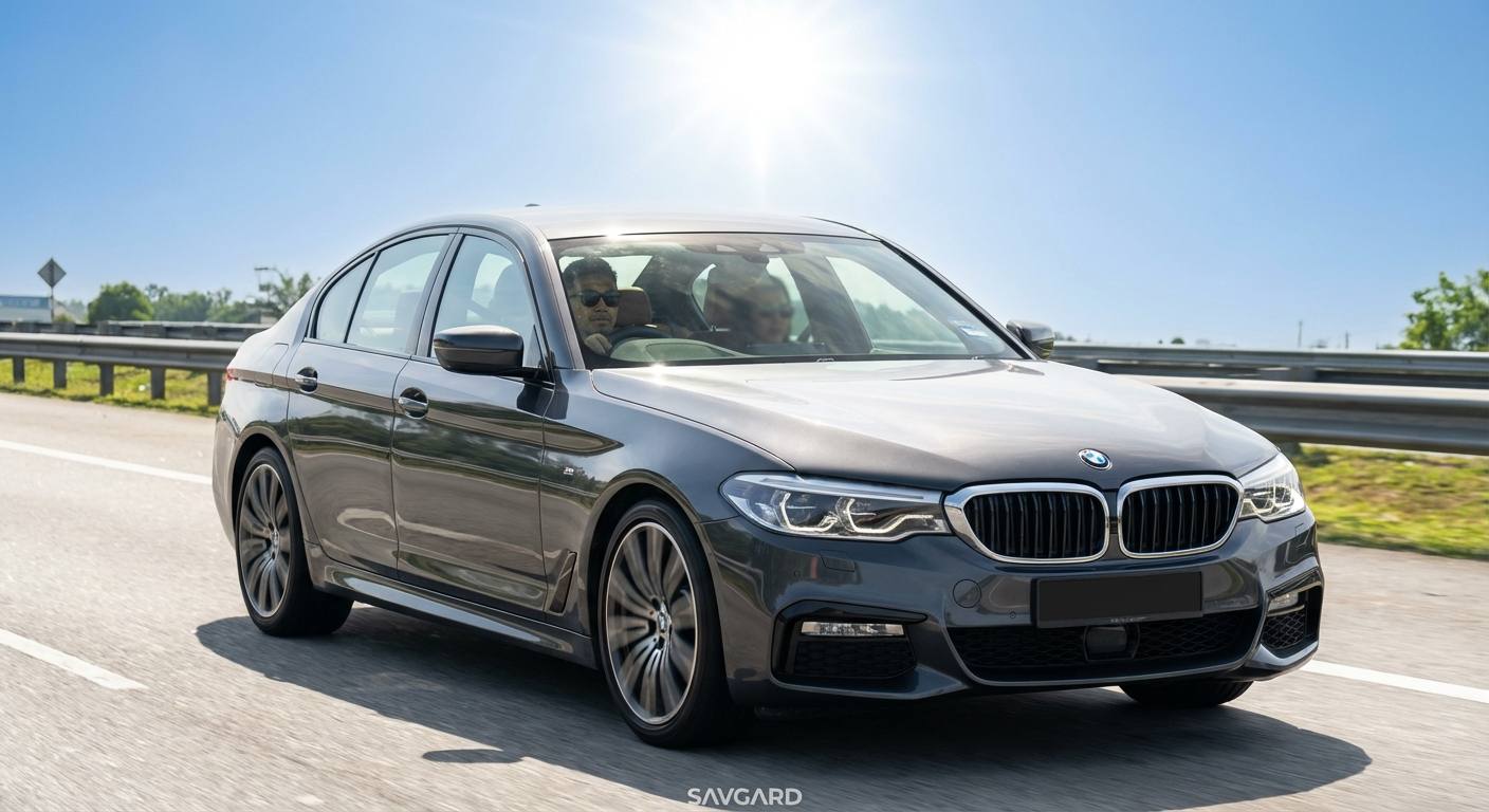 BMW Window Tinting Costs in Malaysia 31 A sleek BMW car driving under the blazing Malaysian sun, highlighting the need for window tinting for comfort and protection.