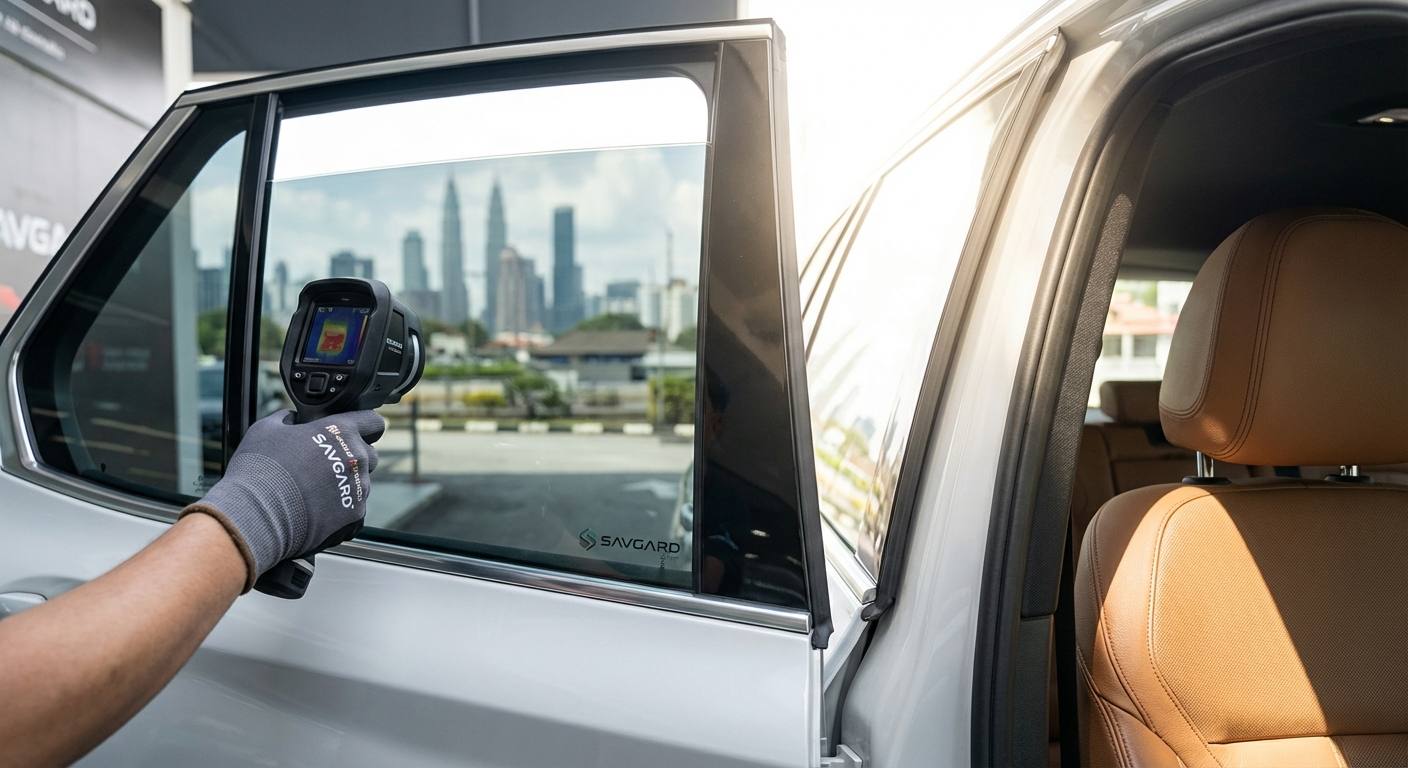 BMW Window Tinting Costs in Malaysia 32 Close-up of a BMW window showing the benefits of tinting: blocking infrared heat, protecting leather seats, reducing glare, and providing privacy.