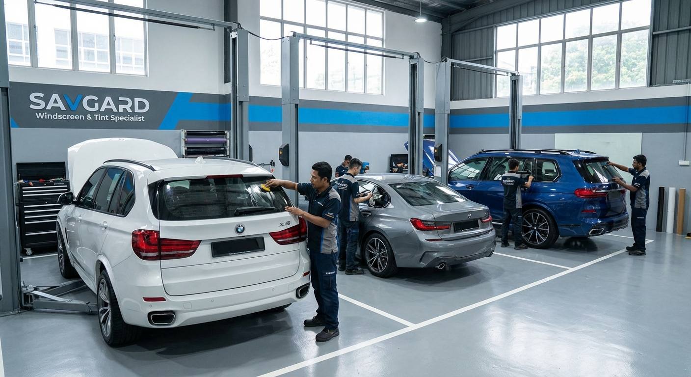 BMW Window Tinting Costs in Malaysia 33 Interior of a professional workshop at SAVGARD Windscreen & Tint Specialist in Kuala Lumpur, featuring technicians applying high-quality window tint films on various BMW models.