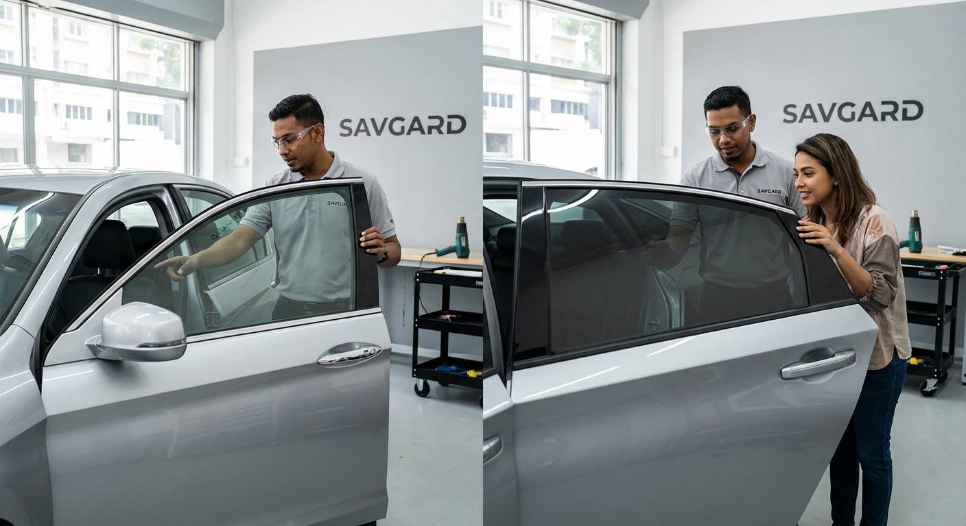 Ultimate Guide to Honda Accord Window Tinting in KL 33 A side-by-side comparison of untinted and tinted Honda Accord windows demonstrating enhanced privacy and reduced glare for safer driving.