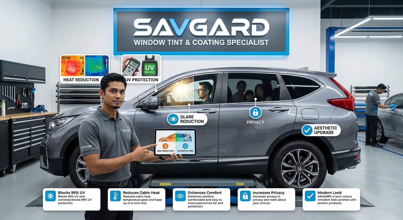 Honda Fit Window Tint Cost Guide 32 An infographic-style image showing the benefits of window tinting: heat reduction, UV protection, glare reduction, privacy, and aesthetic upgrade.