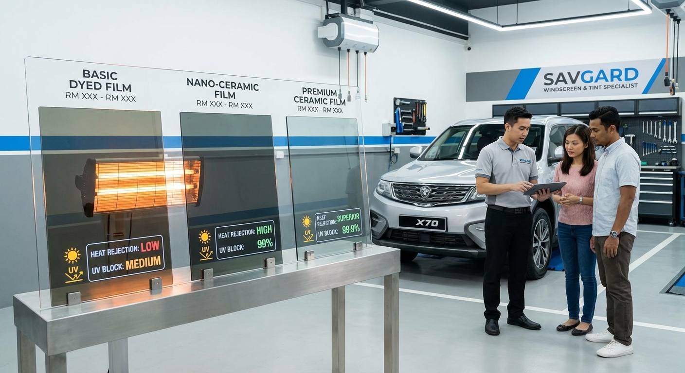 Toyota Window Tint Costs in Malaysia 32 Comparison of different types of window tint films (basic dyed, nano-ceramic, premium ceramic) displayed with price ranges and their heat and UV protection levels.