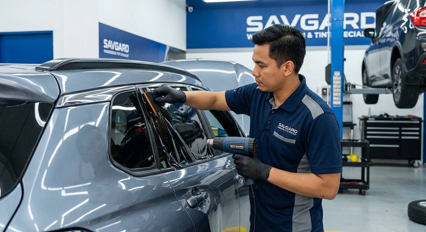 Toyota Window Tint Costs in Malaysia 33 Image of a professional technician at SAVGARD Windscreen & Tint Specialist installing a window tint on a Toyota vehicle, highlighting expert service and precision.
