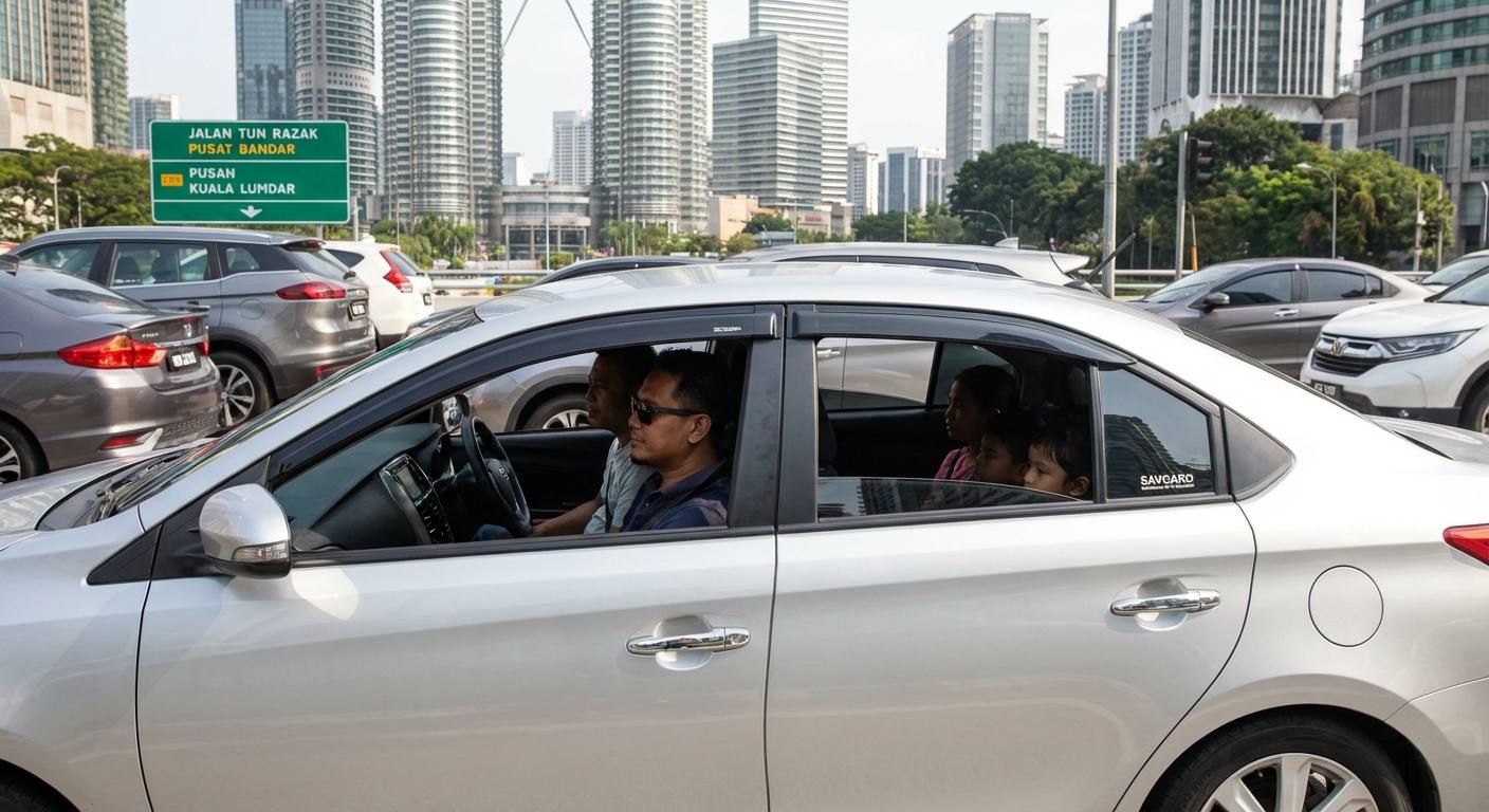 Toyota Window Tint Costs in Malaysia 34 Toyota Vios driving comfortably through Kuala Lumpur traffic with tinted windows, symbolizing legal compliance, comfort, and protection from heat and UV rays.