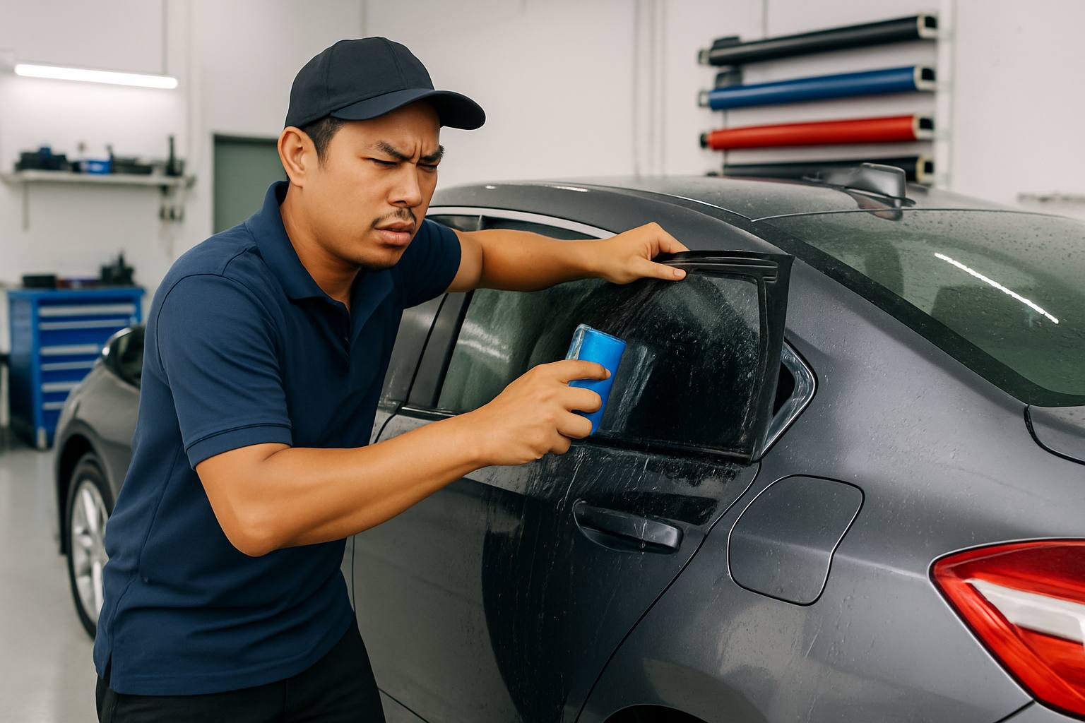 Honda Accord Window Tinting Costs in Malaysia 34 Professional technician installing high-quality window tint on a Honda Accord inside a clean and well-equipped workshop in Kuala Lumpur.