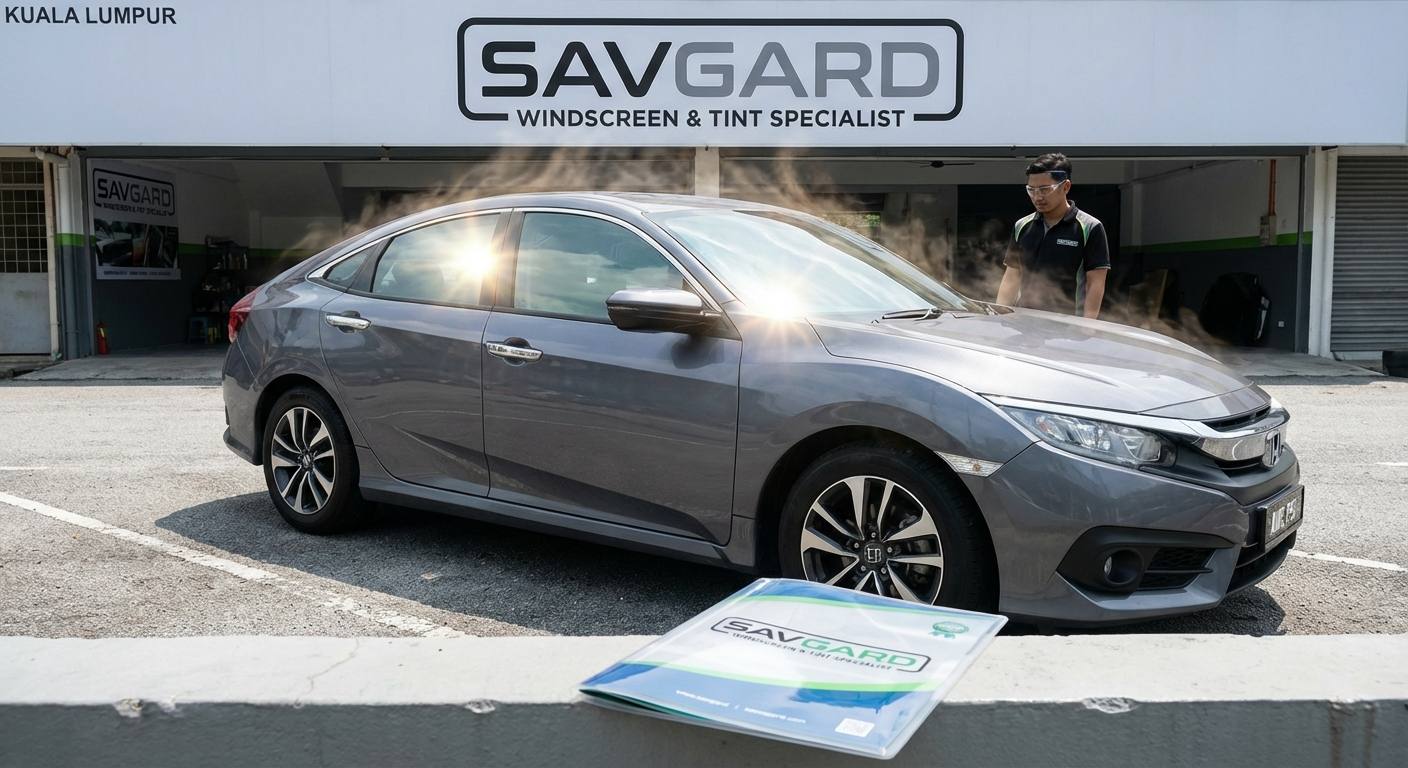 How Much Does Honda Civic Window Tinting Cost in Kuala Lumpur? 31 A Honda Civic parked under the hot Malaysian sun with visible glare and heat waves, illustrating the need for window tinting.