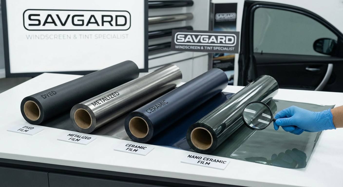 How Much Does Honda Civic Window Tinting Cost in Kuala Lumpur? 32 Close-up of different types of window tint films: dyed, metalized, ceramic, and nano ceramic, showing their textures and labels.