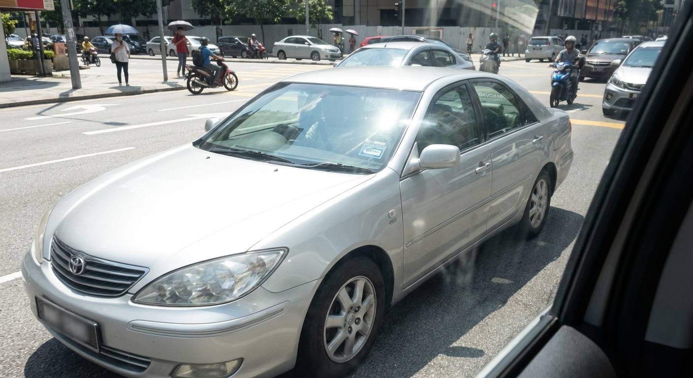 Toyota Camry Window Tinting Cost in Kuala Lumpur 31 A Toyota Camry driving through the busy streets of Kuala Lumpur under the blazing sun, emphasizing the intense heat and bright sunlight.