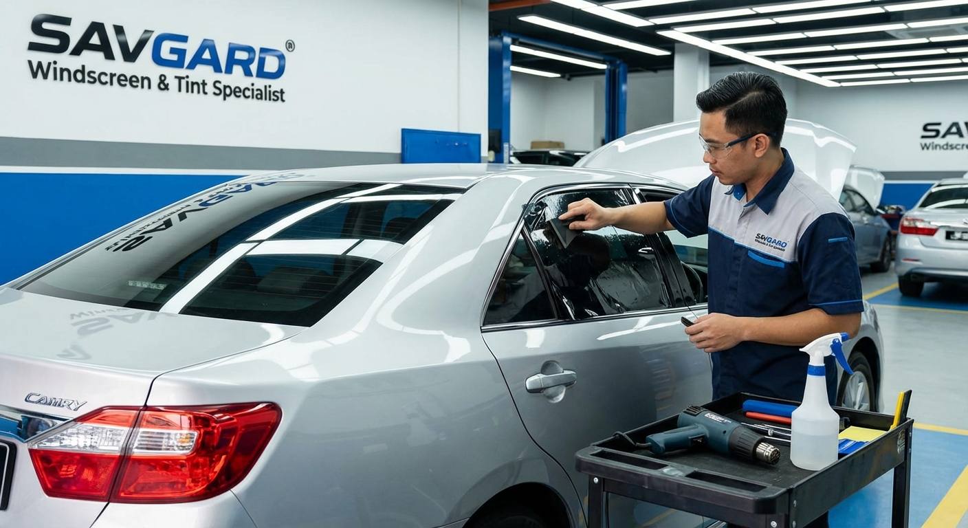 Toyota Camry Window Tinting Cost in Kuala Lumpur 33 A professional technician from SAVGARD Windscreen & Tint Specialist carefully applying window tint on a Toyota Camry with tools visible, showcasing expert service and quality installation.