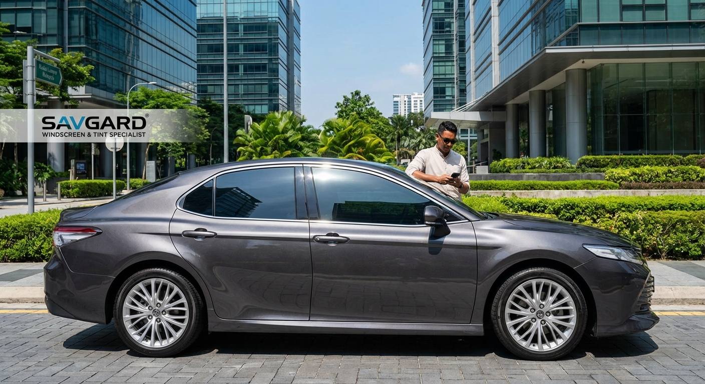 Toyota Camry Window Tinting Cost in Kuala Lumpur 34 A stylish Toyota Camry with tinted windows parked in a sleek urban setting, highlighting the benefits of tinting such as UV protection, glare reduction, privacy, and enhanced vehicle aesthetics.