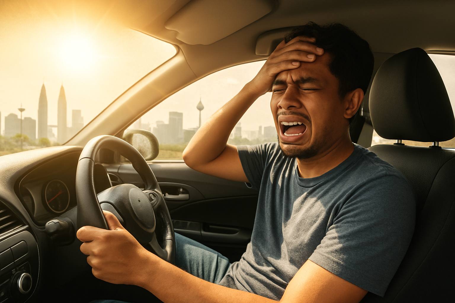 Expert Guide to KL Car Tinting Services 31 A car driving under intense sunlight in Kuala Lumpur with the interior visibly hot and uncomfortable, highlighting the need for window tinting.