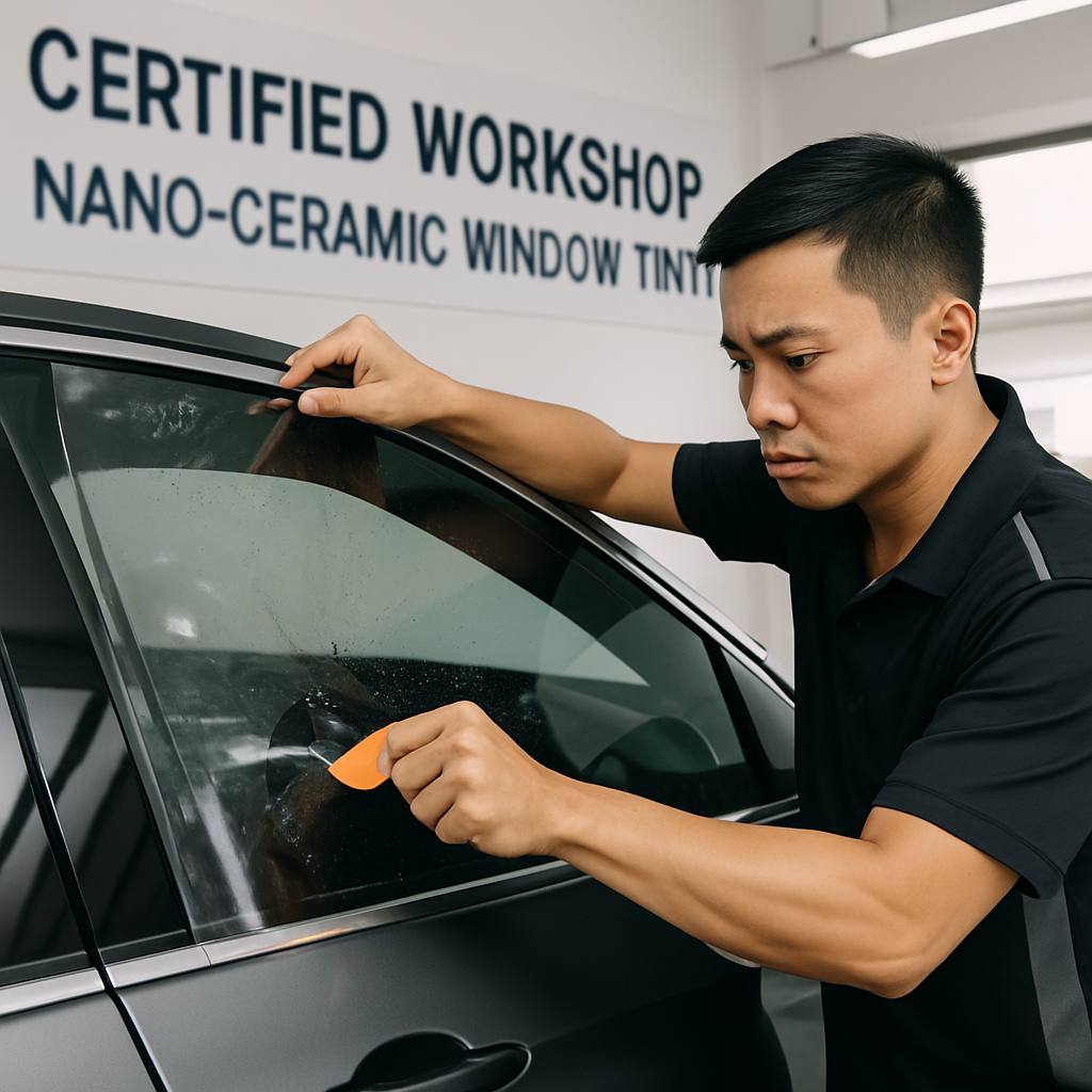 Expert Guide to KL Car Tinting Services 33 Image of a professional technician at a certified workshop installing high-quality nano-ceramic window tint film on a car, demonstrating precision and care.