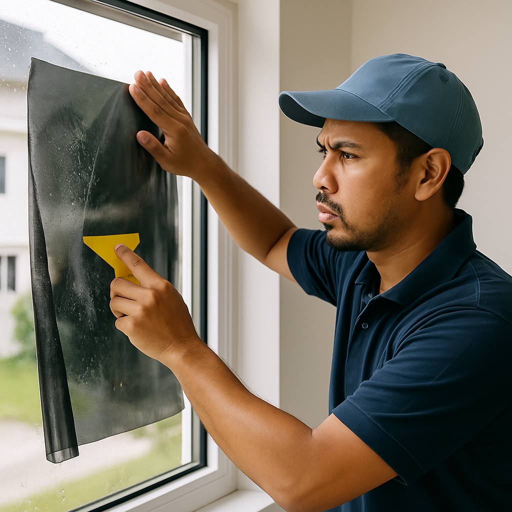 The Ultimate Guide to Landed House Window Tinting 33 Professional installer carefully applying window tint film on a landed house window, showing the installation process.