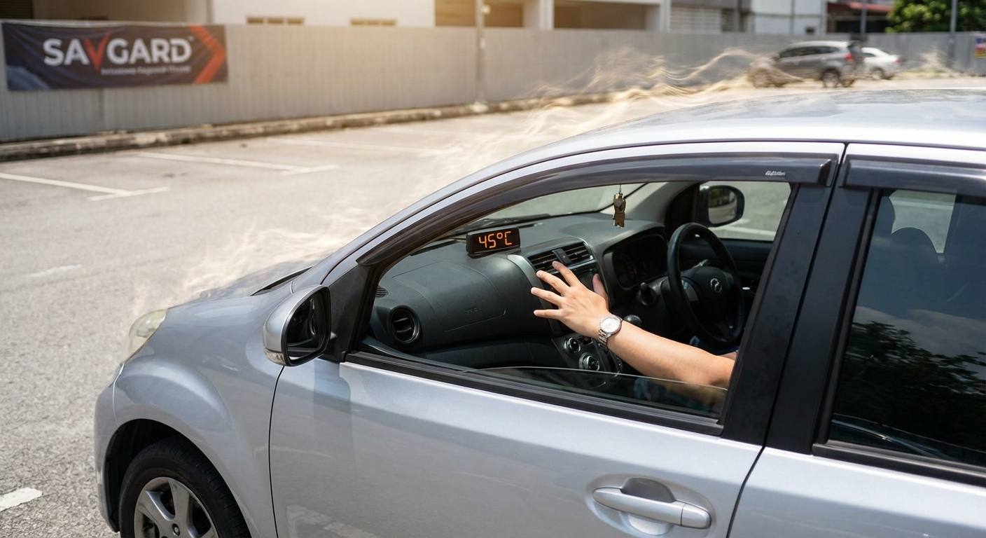 Perodua Car Tint: Stay Cool, Protected & JPJ-Legal with SAVGARD KL 31 A Perodua car parked under bright tropical sunlight with visible heat waves, illustrating the discomfort of a hot car interior before tinting