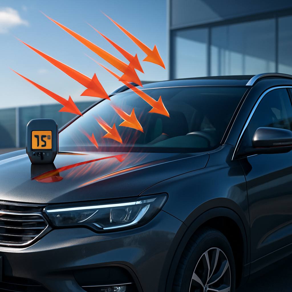 Proton Car Tint: Ultimate Heat & UV Protection 31 A Proton car parked under bright sunlight along the Federal Highway with a visibly tinted window showing heat rejection.
