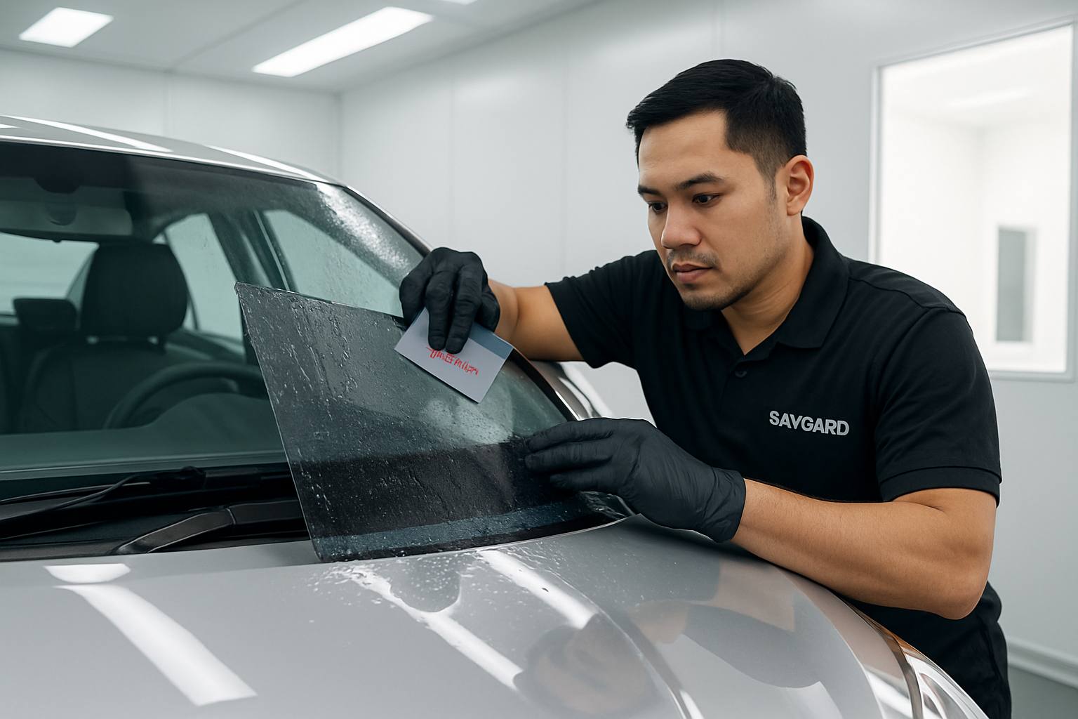 Proton Car Tint: Ultimate Heat & UV Protection 33 A professional technician carefully applying Savgard car tint film on a Proton vehicle inside a clean, dust-free installation booth.