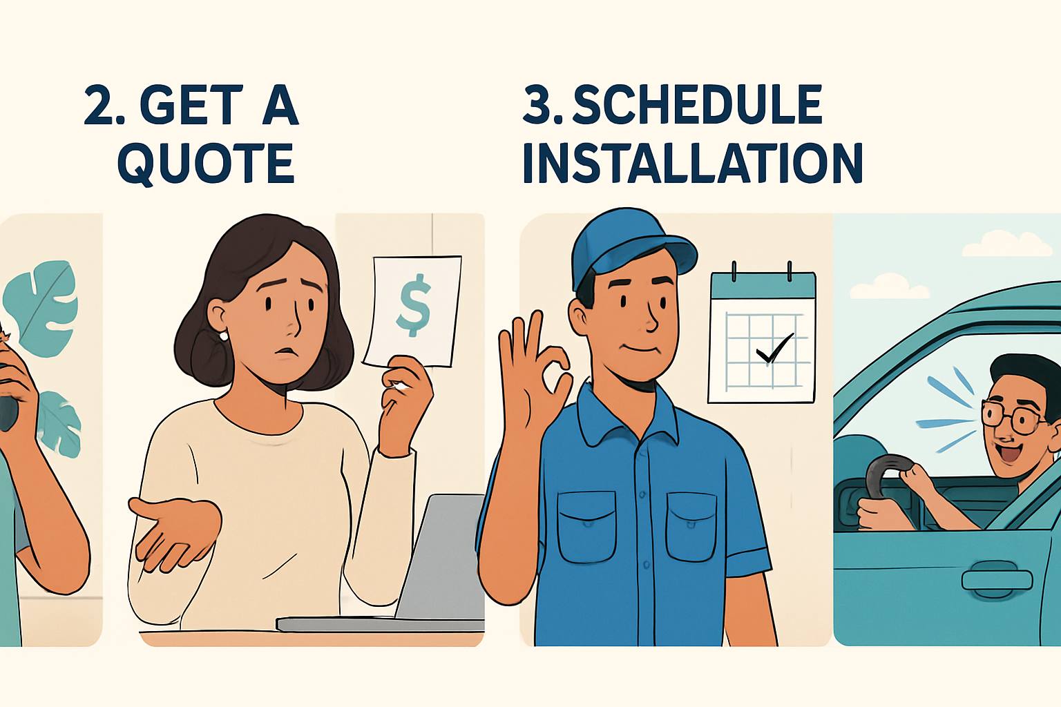 Proton Persona Tinted Price Guide with SAVGARD 34 Step-by-step booking process illustration showing a customer contacting the shop, getting a quote, scheduling installation, and enjoying a cooler ride.