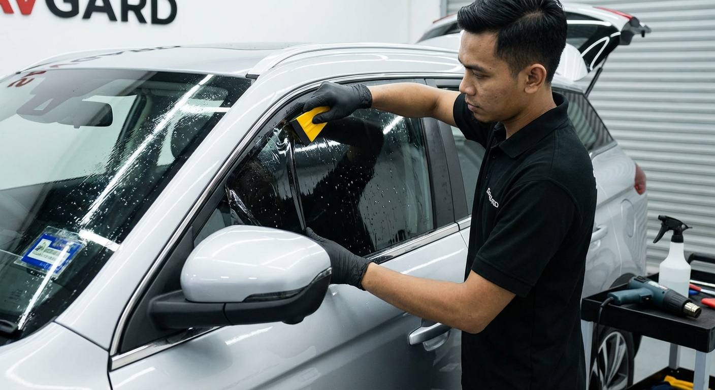 How to Score Proton Tinting Deals in Malaysia 32 Close-up of a Proton car window being professionally tinted with premium film, showcasing the tinting process and high-quality materials.