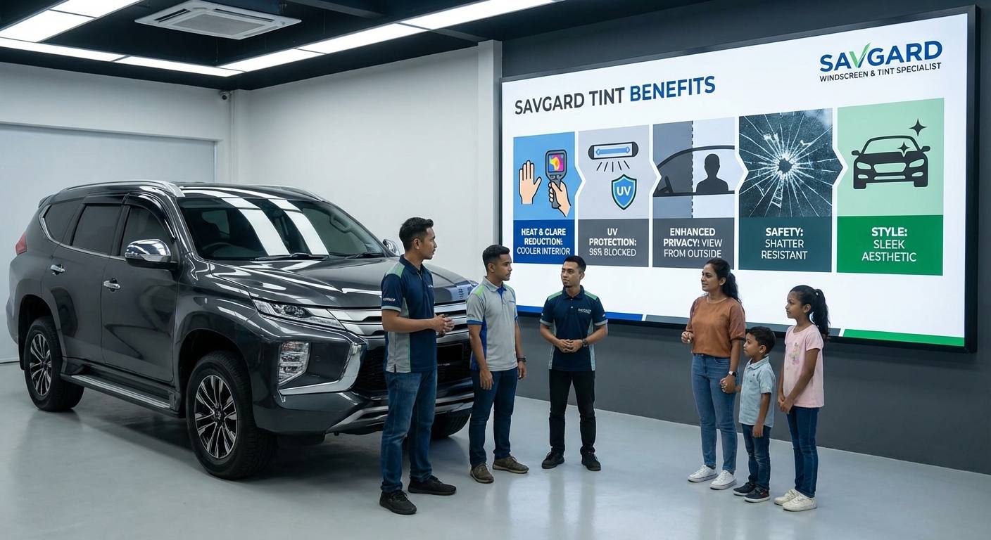 How to Score Proton Tinting Deals in Malaysia 33 An infographic-style image highlighting the benefits of car tinting: heat and glare reduction, UV protection, enhanced privacy, safety, and style.