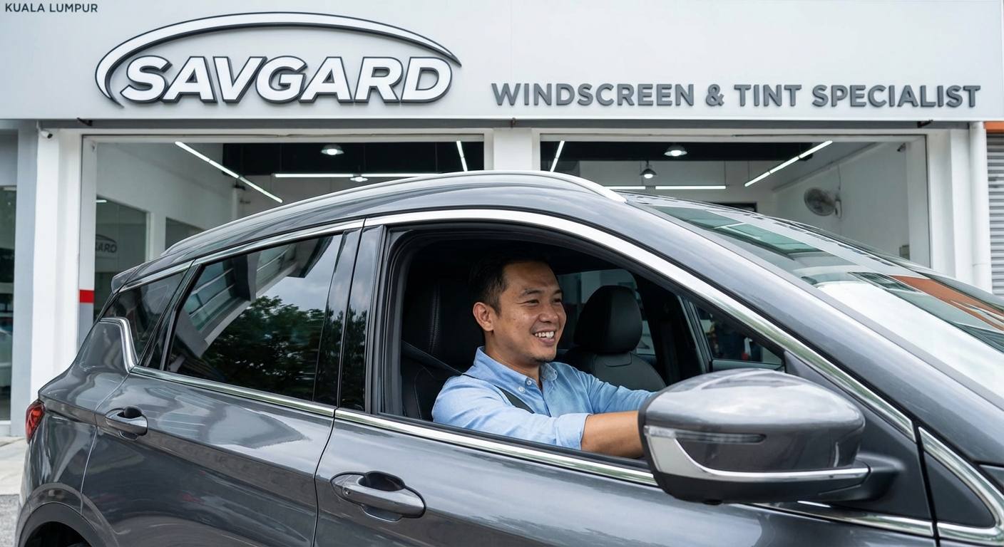 How to Score Proton Tinting Deals in Malaysia 34 A satisfied Proton car owner driving a sleek, tinted Proton X50 with a cool, comfortable interior, possibly with the SAVGARD workshop in the background.