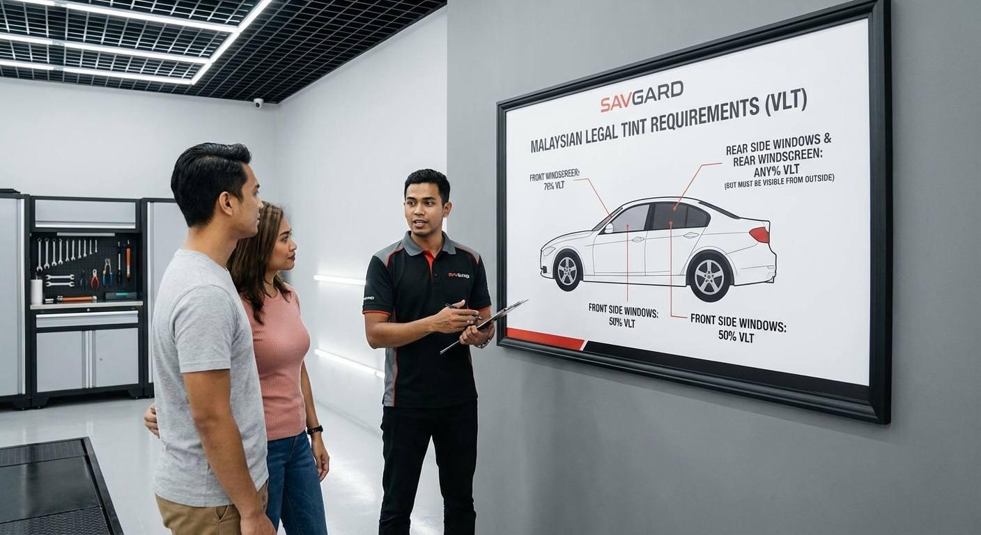 Proton Window Tinting: Malaysia’s Ultimate Guide 32 Diagram or infographic showing the Malaysian legal requirements for window tinting with visible light transmission percentages and specific window areas labeled.