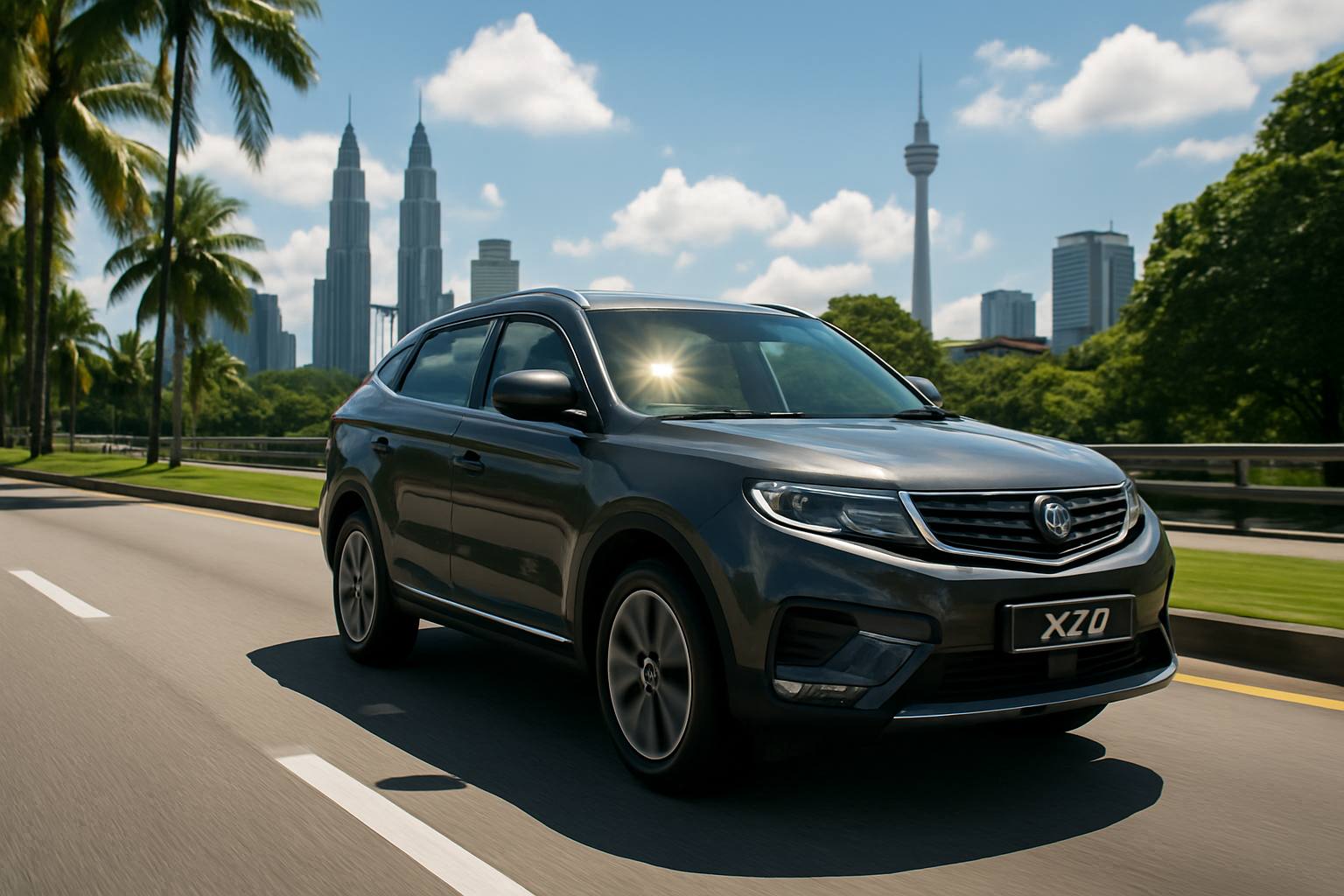 Proton X70 Tinted Price Guide 2024 31 A sleek Proton X70 SUV driving under the bright tropical sun in Kuala Lumpur, showcasing the need for window tinting to protect the car and driver.
