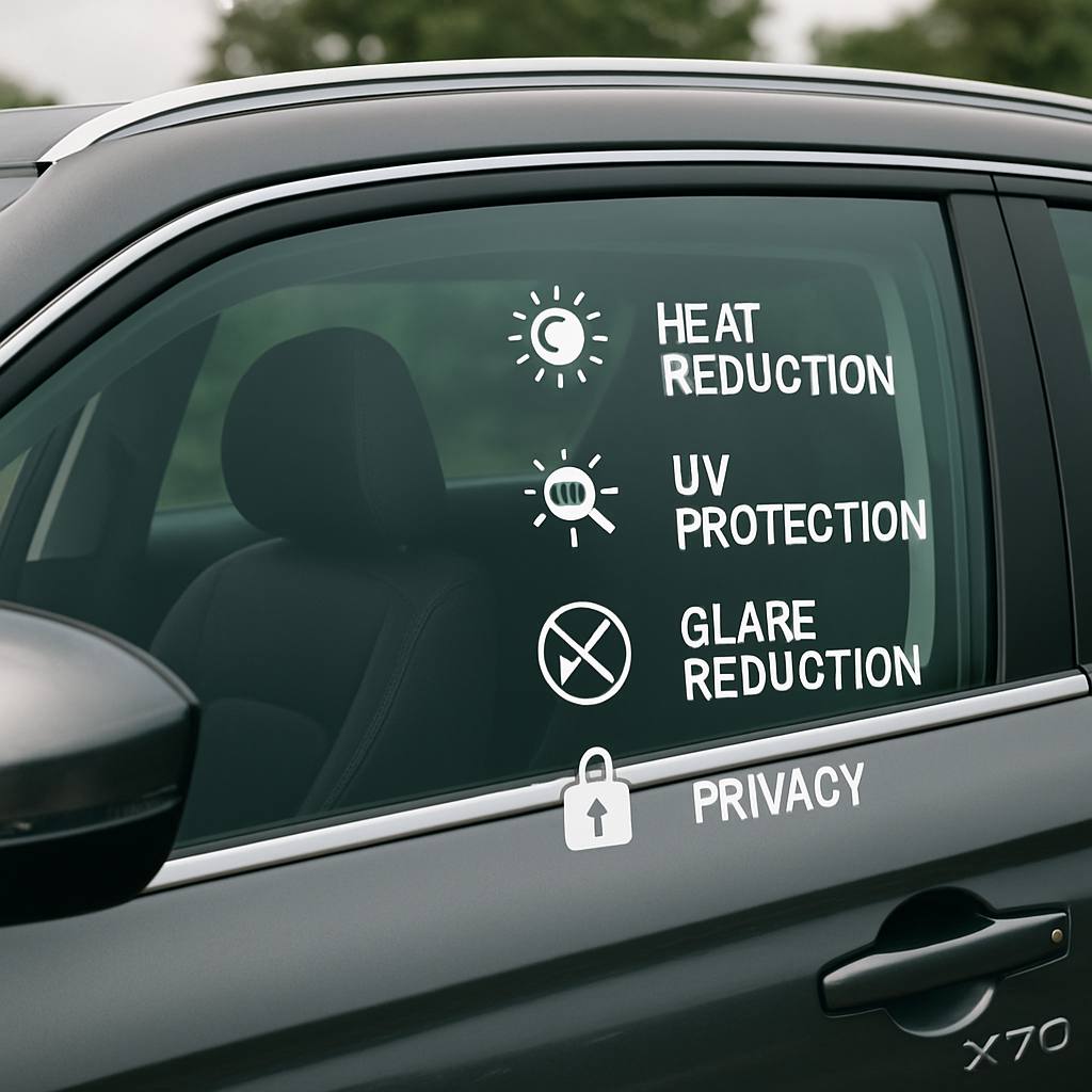 Proton X70 Tinted Price Guide 2024 32 Close-up of a Proton X70 window with tinted glass, highlighting benefits like heat reduction, UV protection, glare reduction, and privacy.