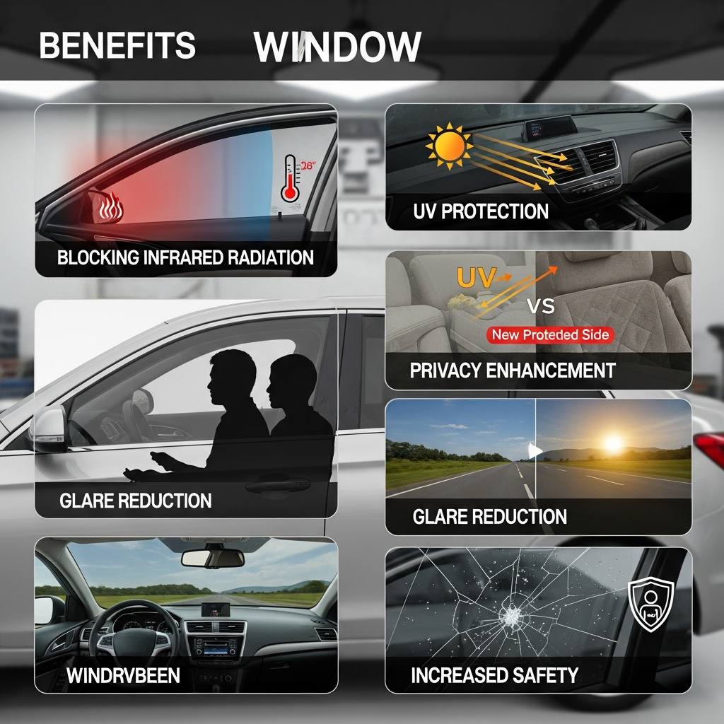 Residential Window Tint Film for Malaysian Homes 32 An infographic-style image illustrating the benefits of window tint film: blocking infrared radiation, UV protection, privacy enhancement, glare reduction, and increased safety