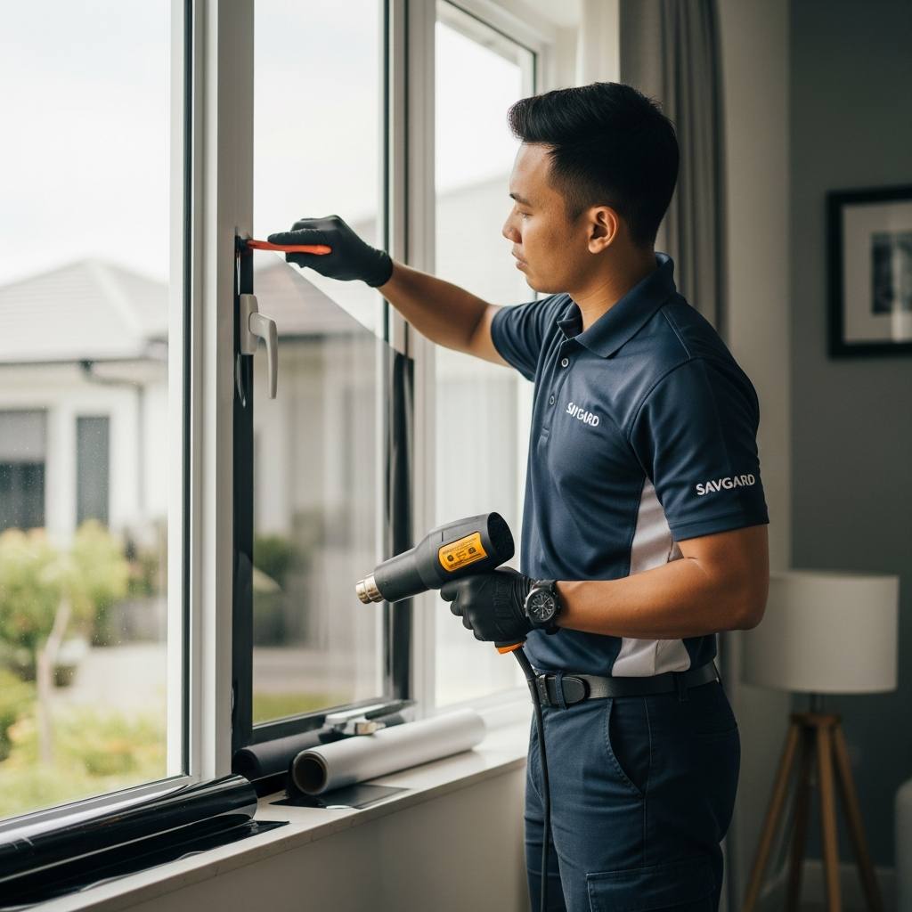 Residential Window Tint Film for Malaysian Homes 33 A professional technician from SAVGARD installing window tint film on residential windows using advanced tools and technology in a clean home environment