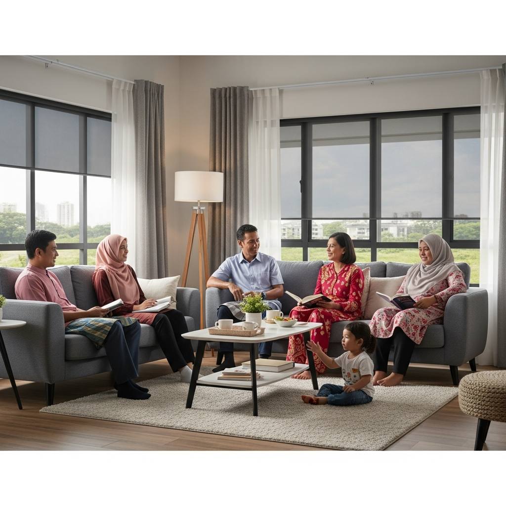 Residential Window Tint Film for Malaysian Homes 34 A cozy, comfortable Malaysian home interior showing natural light streaming through tinted windows, with family members enjoying reduced glare and enhanced privacy