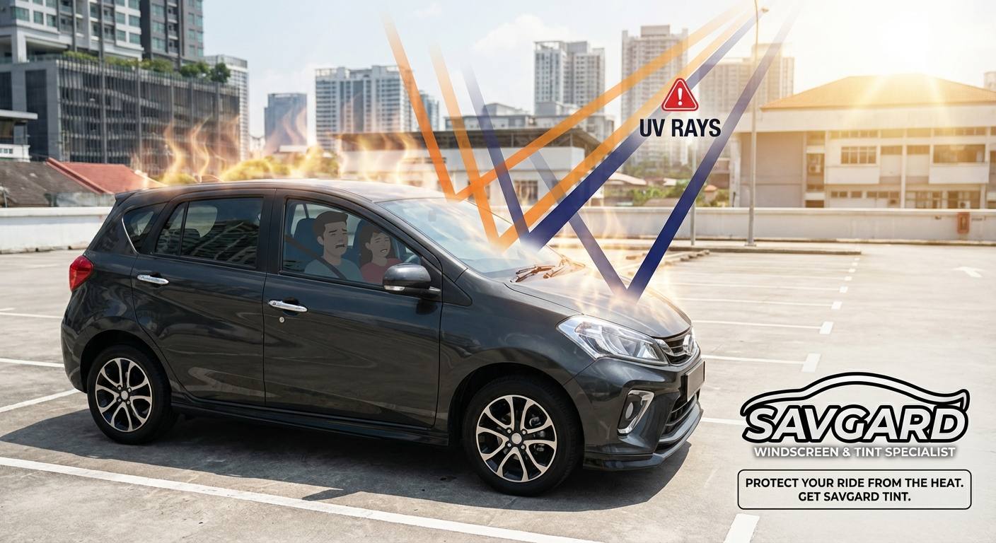 Car Tint in Malaysia: Stay Cool & JPJ-Compliant with SAVGARD 31 A car parked under the scorching Malaysian sun with visible heat waves and UV rays highlighting discomfort and interior damage