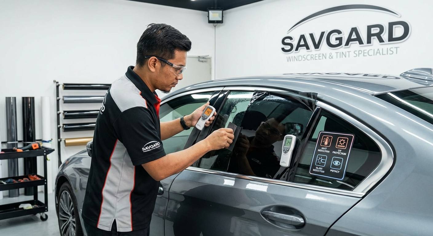 Car Tint in Malaysia: Stay Cool & JPJ-Compliant with SAVGARD 32 An illustration of a car window being tinted with nano-ceramic film highlighting heat reduction, UV protection, glare reduction, and enhanced privacy