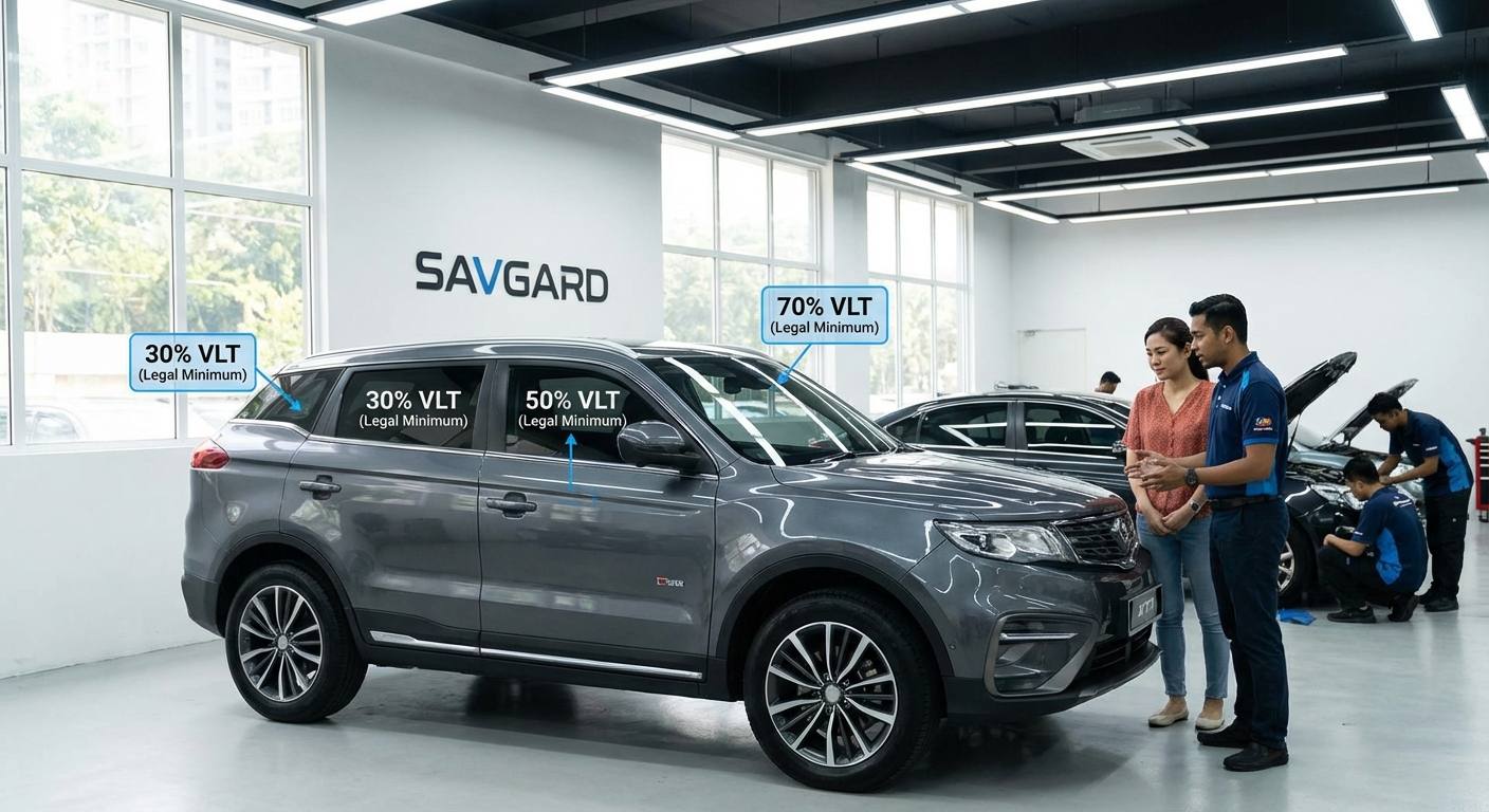 Car Tint in Malaysia: Stay Cool & JPJ-Compliant with SAVGARD 33 Visual representation of JPJ tint regulations with labeled car windows indicating Visible Light Transmission (VLT) percentages