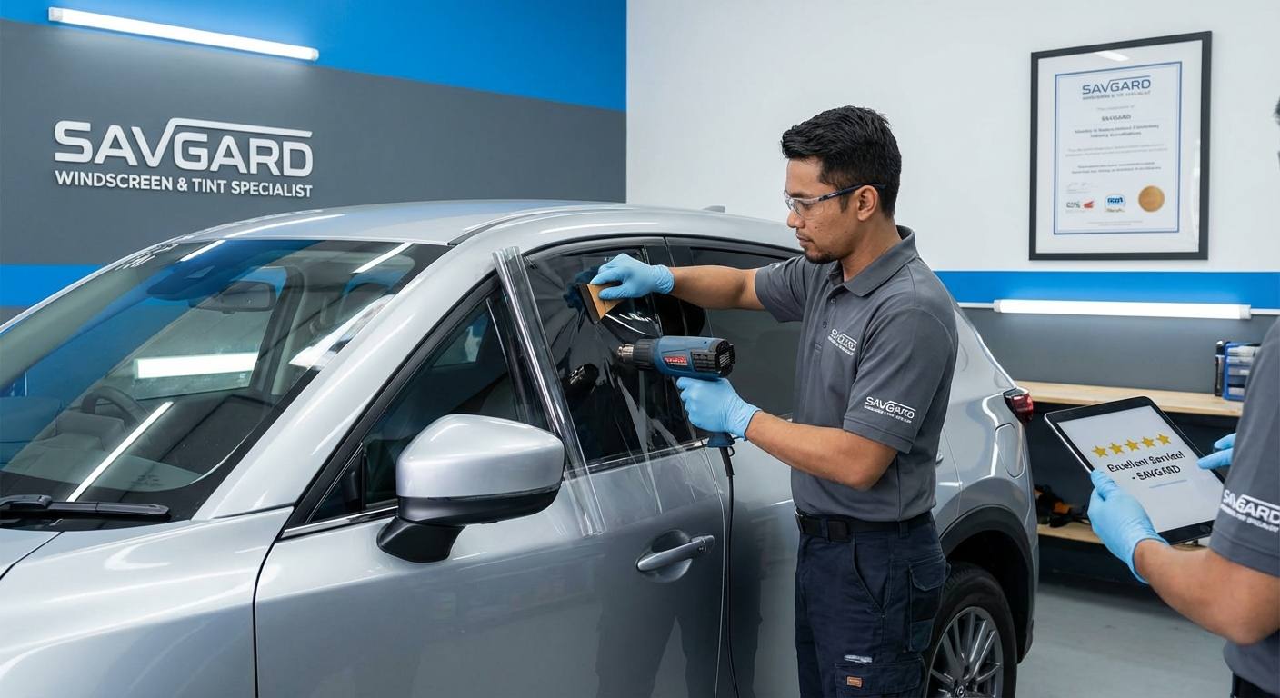 Car Tint in Malaysia: Stay Cool & JPJ-Compliant with SAVGARD 34 Professional technician at SAVGARD workshop applying car tint perfectly with advanced tools and certification documents